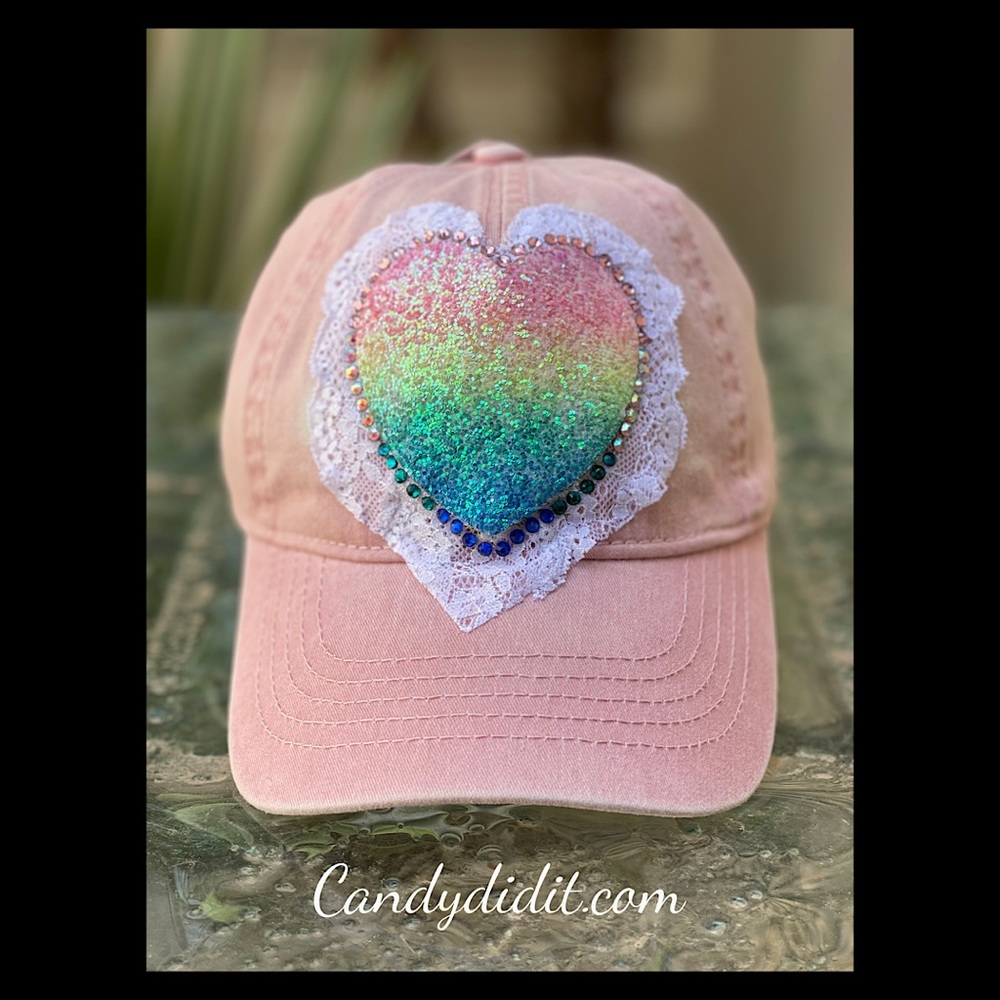 NWT Candy Did It! Lace & Glitter Rainbow Heart Ball Cap